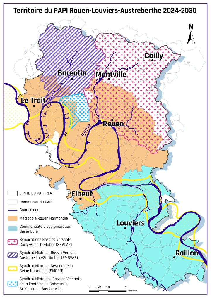 Cartographie présentant les 6 territoires des partenaires réunis au sein du PAPI Rouen-Louviers-Austreberthe